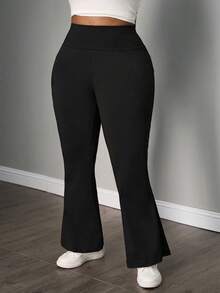 SHEIN PETITE CURVE 大码女装秋冬返校休闲家居瑜伽舒适户外纯黑色针织弹力腰高腰口袋喇叭裤，带口袋的打底裤，大码喇叭裤，大码阔腿裤，大码喇叭裤，春季，优雅，休闲，黑色裤子 - 黑色 - 查看 3