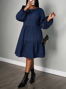 SHEIN PETITE CURVE Plus Size Women's Solid Color Crew Neck Long Sleeve Pleated Mini Casual Dress,Elegant Navy Blue Autumn Tea Party Style Plus Size Dress - Navy Blue - View 6