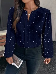 EMERY ROSE Camisa casual de manga larga con cuello redondo y estampado de lunares, adecuada para salidas de primavera y otoño, talla grande - Azul Marino - Ver 6
