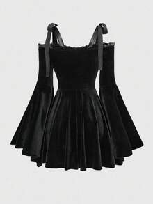 ROMWE Goth 大码哥特城堡十字刺绣方领蕾丝拼接黑色系带露肩喇叭袖A字连衣裙（女款） - 黑色 - 查看 5