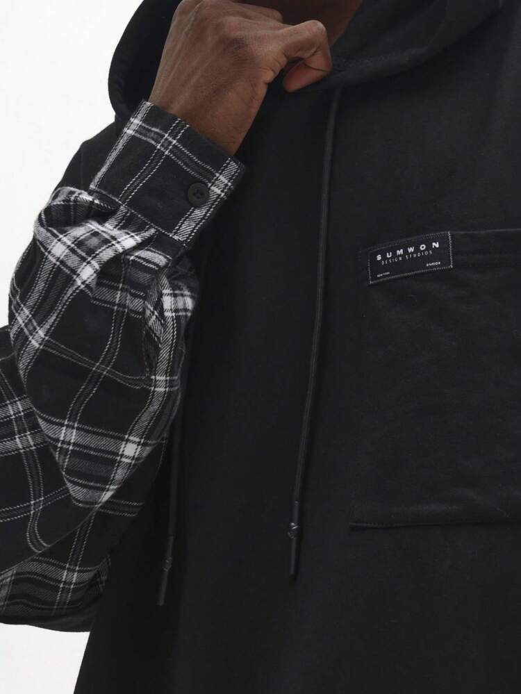 Black Hoodie With Plaid Check Sleeves And Centre Pocket