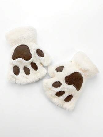 Kawaii 1 Pair Plush Cat Paw Fingerless Gloves, Suitable For Daily Wear