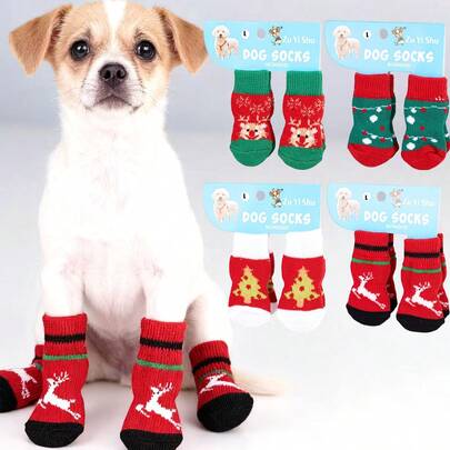 PETSIN 1款宠物卡通袜子，圣诞袜（圣诞老人、驯鹿、雪人图案），防滑爪套，防滑防污，圣诞宠物用品