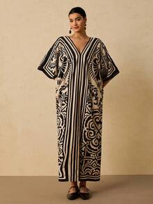 Travachic Vestido Vintage Colorblock Solto Versátil de Decote em V Plus Size