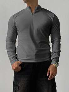 DAZY Men's Solid Gray Slim Fit Sports T-Shirt, Autumn Quarter Zip Men - Grey - View 4