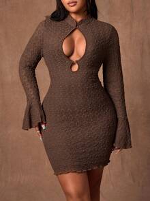 Rustia Vestido ajustado con mangas acampanadas y cuello chino calado para mujer de talla grande, adecuado para salidas, fiestas y banquetes