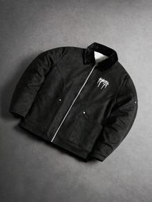 PAVTROS Men's Casual Turndown Collar Thermal Thermal Lined Black Long Sleeve Jacket With Small Logo Print, Retro Streetwear Style, Suitable For Autumn/Winter, Casual Black Jacket - Black - View 3