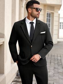 Manfinity Mode Plus Size Men's Lapel NeckLong Sleeve Single-Breasted Jacket And Pants Business Suit Set - Black - View 4