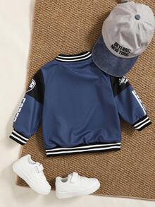 SHEIN Baby Boys' Motorcycle Jacket, Colorblock Letter Print Stand Collar Moto Jacket, Suitable For Autumn/Winter Outings - Blue - View 2