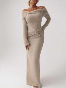 Aloruh Women's New Year's Look Autumn And Winter Khaki Apricot One-Shoulder Off-Shoulder Simple Fashion Street Pleated Waist Metal Decoration Slim Long Skirt, Versatile Long-Sleeved Knitted Dress, Autumn And Winter Base Dress Prom Dress,Vestidos Elegantes