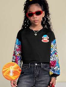 Paul Frank X SHEIN Tween Girl Fall Winter,Cute Preppy ,Comfortable Warm/ Cold Weather/ Thermal ,Athleisure,Cartoon Patter Round Neck Crop Sweatshirt,Christmas - Black - View 2