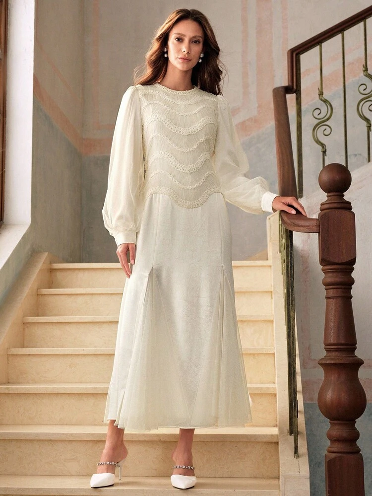 女性用テクスチャー入りラウンドネック ランタンスリーブ エレガントミドル丈ドレス、パーティーシーンに適しています、秋冬