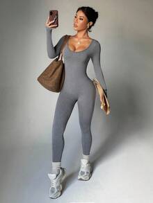 Dewbera 无缝高弹力运动健身连体衣，时尚灰色长袖和裤子紧身衣 - 灰色 - 查看 1