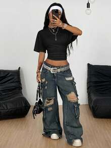 Coolane 95%纯棉两件套女式极简Y2K基础款宽松褶皱短款T恤 - 弹力黑白两件套，适合四季日常穿着、休闲返校、街头风。 - 彩色 - 查看 9