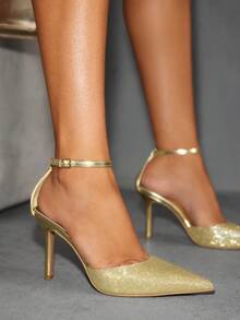 CUCCOO SZL Gold Metal PU Hollow One-Strap Peep Toe Sexy High Heel Pumps, Business Formal Party