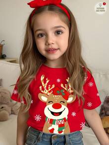SHEIN Camiseta de manga corta con cuello redondo minimalista casual para niña con diseño lindo de reno navideño, adecuada para el verano y la Navidad
