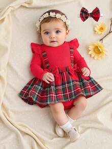 Souflis Souflis Baby Girl Round Neck Long Sleeve Plaid Ruffle Hem Cute Dress - Red - View 4