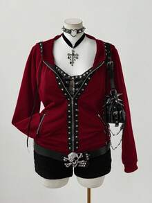 Sunspun Plus Size Fashionable Dark Punk Style Rivet Decor Hooded Long Sleeve Sweatshirt Jacket - Burgundy - View 7
