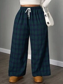 SHEIN PETITE CURVE Plus Size Plaid Casual Loose Wide Leg Drawstring Pants Plaid Pants Plaid Set Checkered Pants Lounge Pants Women Wide Leg Pants