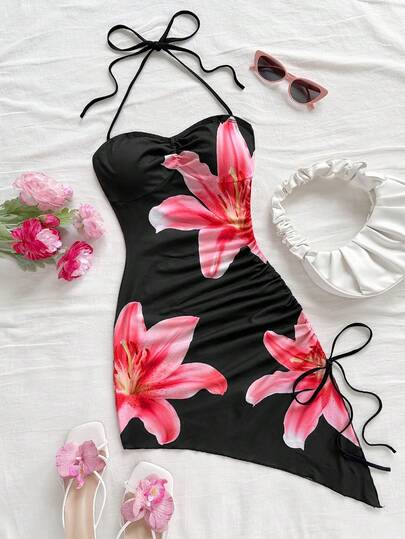 Soleia Women's Casual Vacation Printed Halter Asymmetrical Hem Short Dress Floral Dress Summer Dress Lily Dress