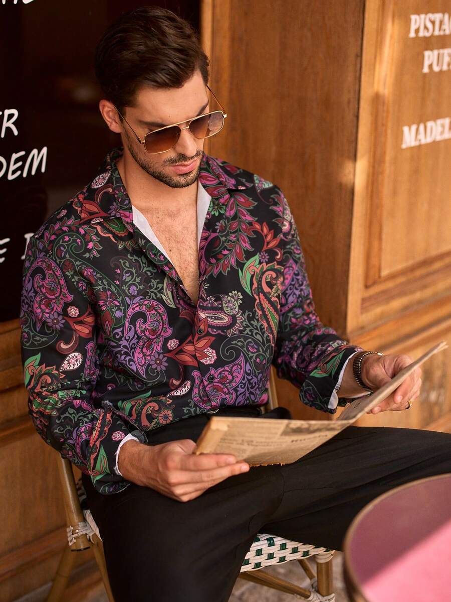 HIMLAND Men Casual Paisley Pattern Digital Print Button-Down Long Sleeve Shirt, Boho 70s Retro Style Shirt, Ideal For The Artistic Soul, Fall