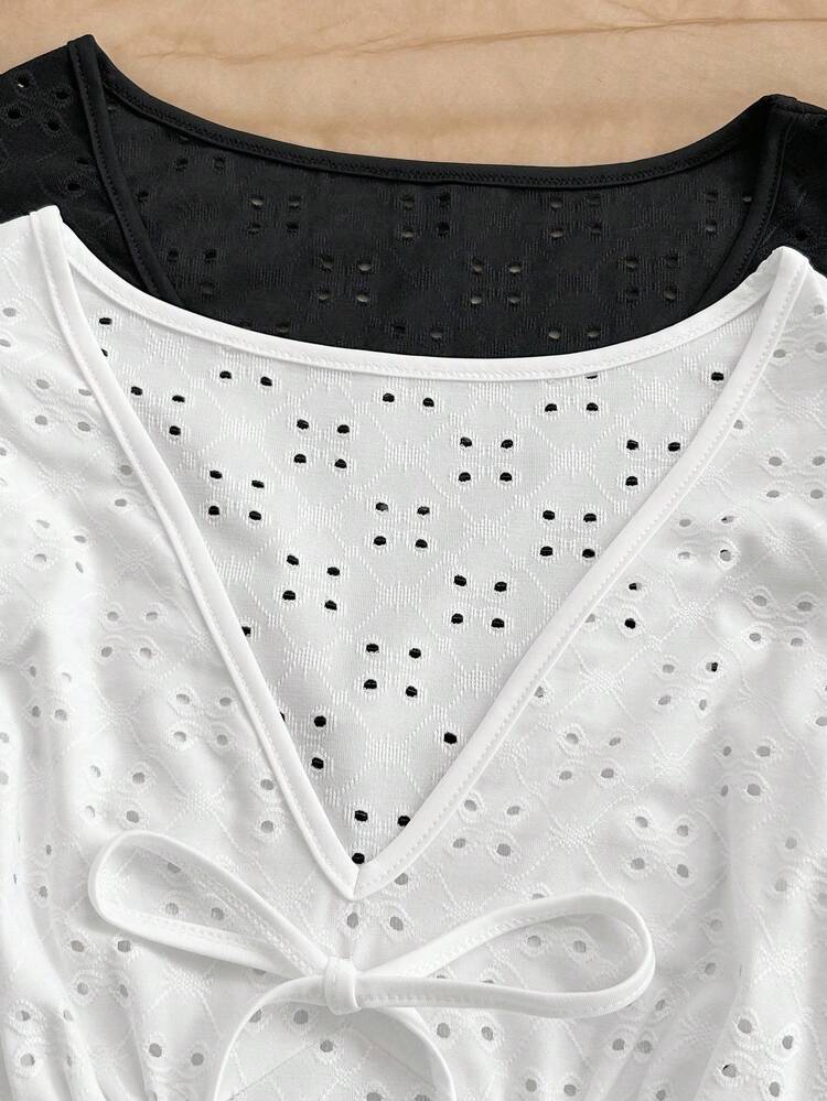 Soleia 2pcs Women's Vacation Casual Solid Color Hollow Out Flutter Sleeve T-Shirt Set - Multicolor - View 4