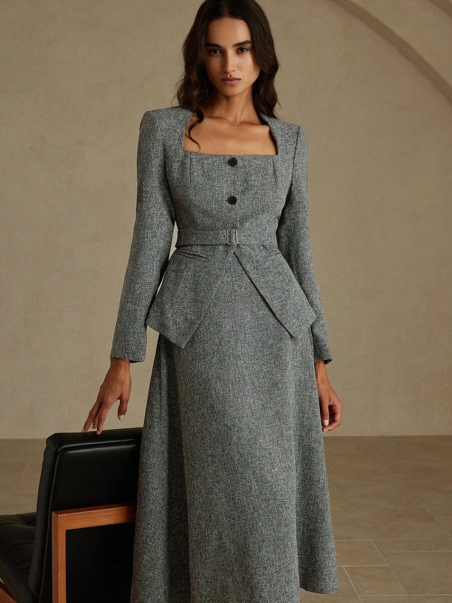 Aveloria Rosie 欧美优雅通勤垫肩方领前开衩下摆修身女士夹克和A字长裙两件套 - 灰色 - 查看 1