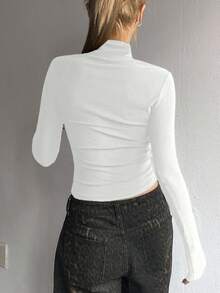 DAZY Áo thun cổ lọ ôm vừa vặn thường ngày cho nữ, Bộ sưu tập thu mới Áo dài tay - trắng - Xem 2