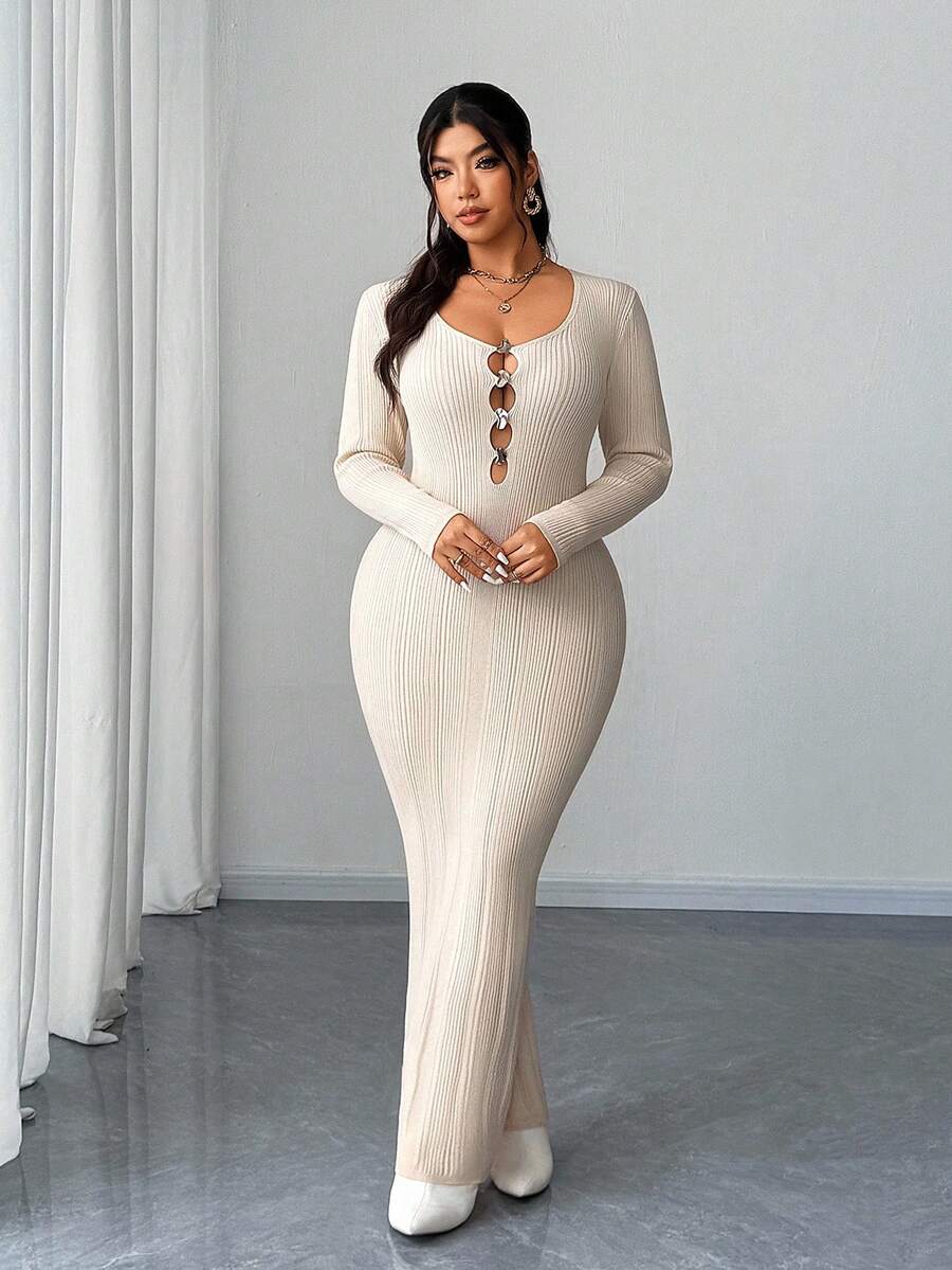 Elenzga Women's Elegant Hollow Out Asymmetrical Metal Button Plus Size Round Neck Drop Shoulder Long Sleeve Solid Color Long Knit Sweater Dress - Apricot - View 1
