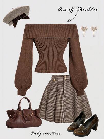 SHEIN MOD Women's Khaki Off Shoulder Long Sleeve Fashionable Sweater, Autumn, Off The Shoulder Sweater, Brown Sweater,Christmas Clothes ,Halloween Costumes , Winter Clothes,Fall Clothes,Western,Old Money Style Women,Cozy Fall And Winter Clothes For Women