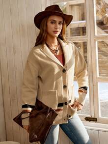 SHEIN LilyWest كارديجان نسائي كاجوال بأكمام طويلة وجيب وأزرار فردية، مخطط، للخريف/الشتاء - لون مشمشي - مشاهدة 4