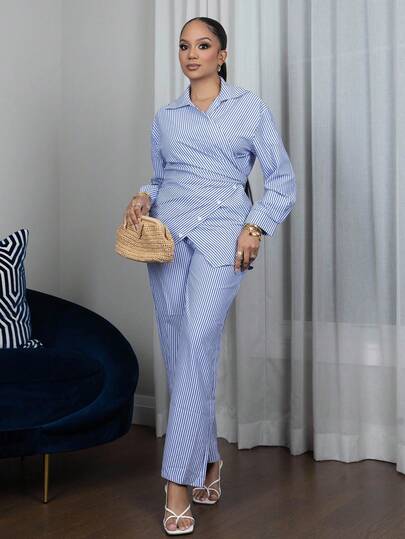 Melissa Matos 2 件套女士编织条纹蓝色系带前开衫和长袖上衣套装