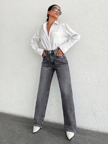 EURMUSE 100%Cotton High Waist Straight Leg Jeans PETITE - Grey - View 6