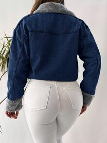EURMUSE 100%Cotton Fuzzy Collar Flap Pocket Drop Shoulder Denim Jacket - Dark Wash - View 2