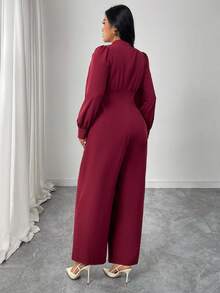 SHEIN Elenzya Plus Size Pearl Decor Long Sleeve Tie Waist Bow Collar Blouse & Wide Leg Jumpsuit, Comfortable Jumpsuit, Asymmetric Sleeveless Jumpsuit, Suitable For Spring, Summer, Autumn, Winter, Women Concert Outfit, Elegant, Evening Gown, Suitable For Daily, Commute, Wedding Season