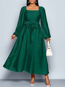 SOLERSUN Women Summer Plus Size Fall Winter Elegant Dark Green Square Neck Long Sleeve Ruched A-Line Dress,Frenchy Wedding Date Casual Commuting Dress - 墨綠色 - 查看 6