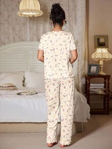 FloralLove 蝴蝶结装饰花卉印花纹理针织女士睡衣套装女士睡衣套装睡衣套装女士花卉睡衣套装女士睡衣套装女士睡衣套装 - 杏色 - 查看 2