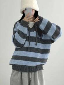 DAZY 女式复古条纹连帽毛衣，宽松设计厚实柔软套头衫，秋冬