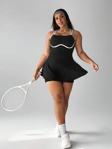 Rhythm Era Plus Size Women's Colorblock Shoulder Strap Adjustable Buckle Front Panel Contrast Trim Sleeveless Casual Dress With Detachable Shorts Pockets, Suitable For Daily Casual Wear, Running, Yoga, Gym, Tennis, Golf, Etc., Spring/Summer/Autumn - Black - View 6