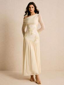 Poéselle 女士斜肩网眼长袖提花优雅连衣裙 - 米色 - 查看 7