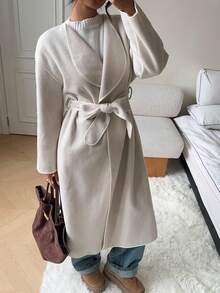 SHEIN EZwear 杏色梭织女式优雅长袖翻领大衣 - 杏色 - 查看 3