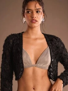 Glamine Veste courte fine avec décoration de sequins, mode femme sexy - Noir - Voir 3