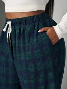 SHEIN PETITE CURVE Plus Size Plaid Casual Loose Wide Leg Drawstring Pants Plaid Pants Plaid Set Checkered Pants Lounge Pants Women Wide Leg Pants