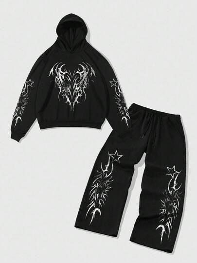 Street Life Men's Gothic Print Long Sleeve Hoodie And Loose Straight Leg Pants Set