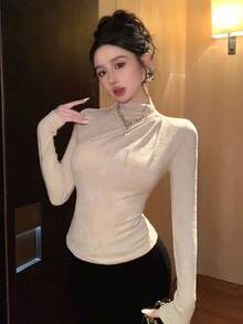 DAZY Women's Solid Color Fitted Pleated Mock Neck Long Sleeve Casual Base Layer T-Shirt, Autumn/Winter - Apricot - View 7