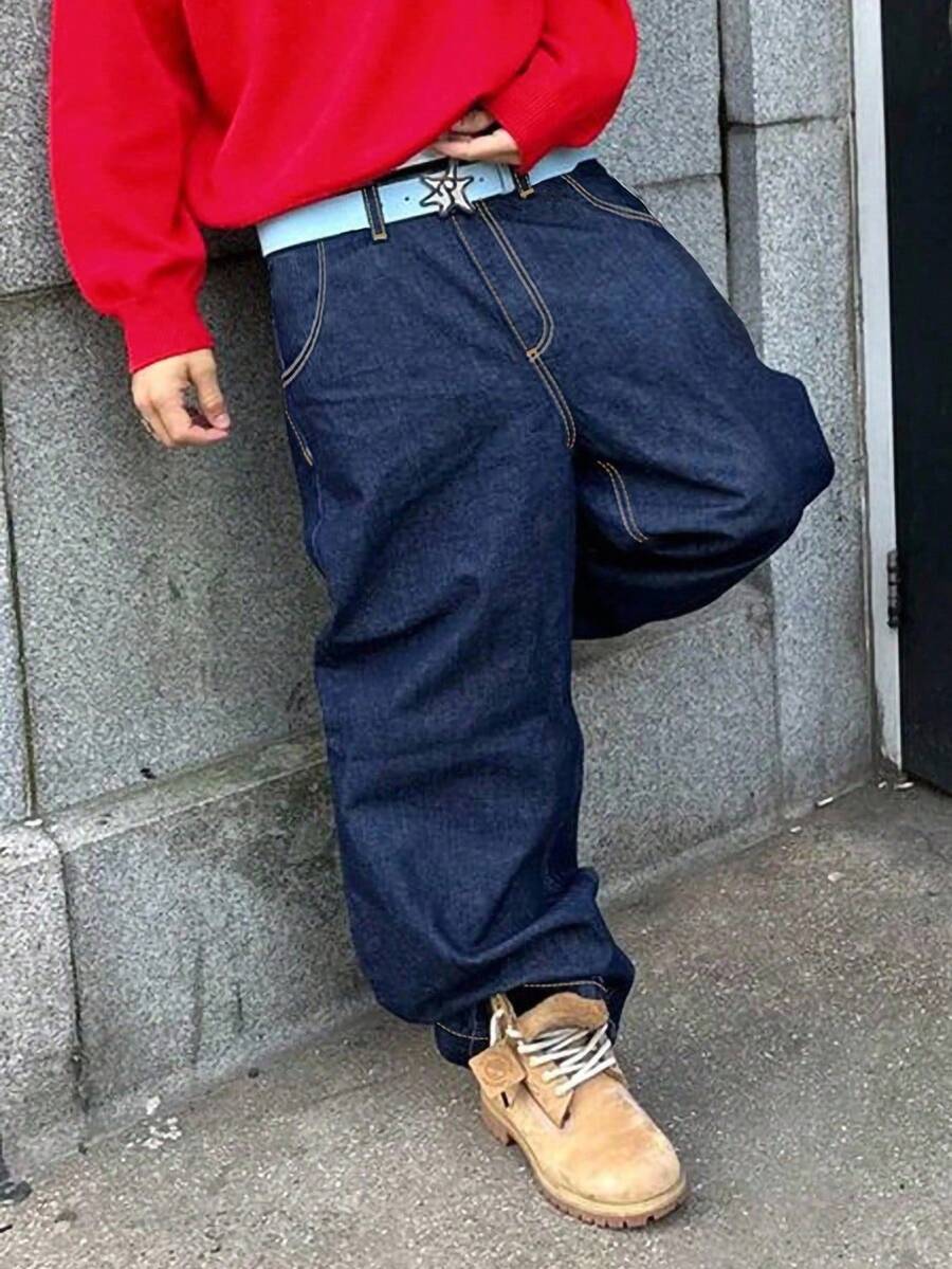 Manfinity Roghcode 男士加大码宽松口袋阔腿休闲百搭牛仔裤，宽松牛仔裤，男士超大码牛仔裤 - 深色水洗藍 - 查看 1
