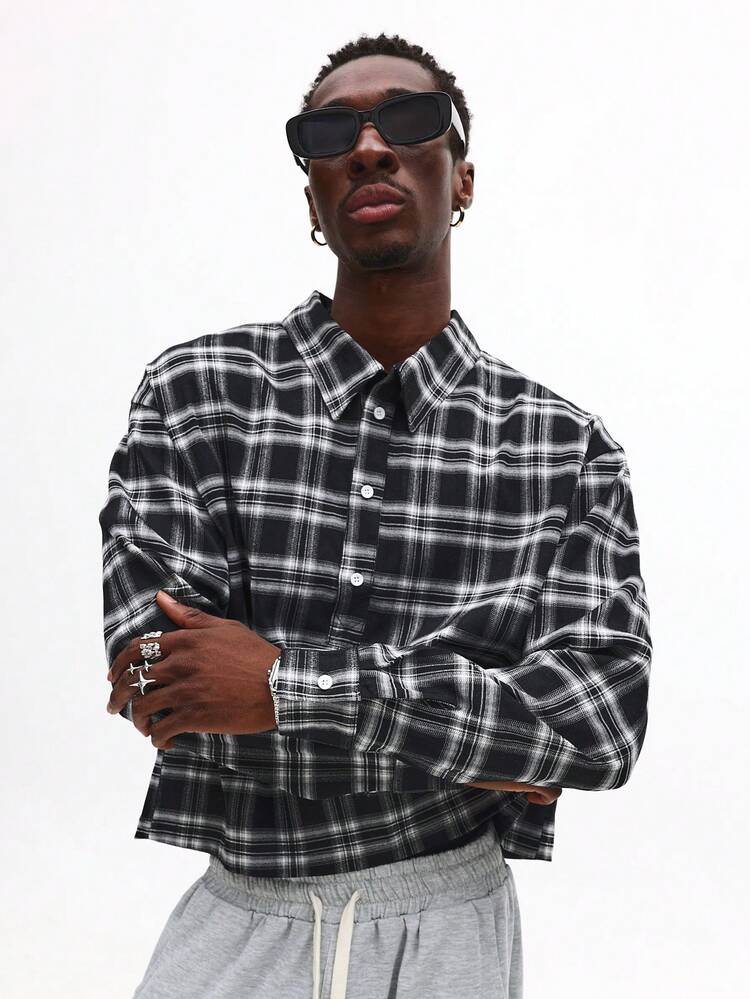 Plaid Pattern Button Down Shacket With Logo