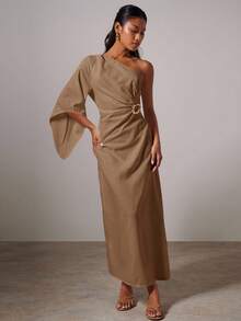 COSMINA Women's Elegant Metallic Buckle Asymmetric Dress - Camel - View 4