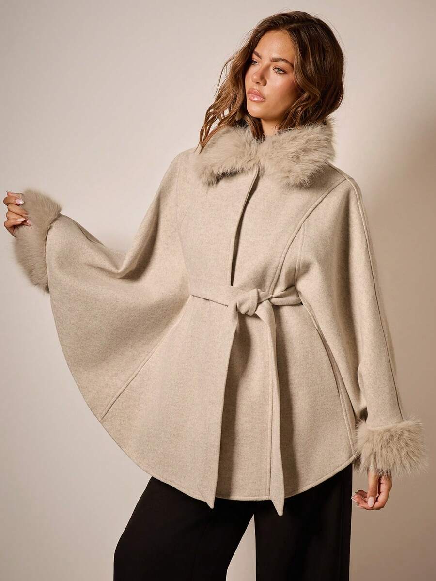 COSMINA Winter Clothes For Women Solid Color Collar Belt Elegant Cape Overcoat,Autumn Outfits For Women Beige Coat - Apricot - View 1