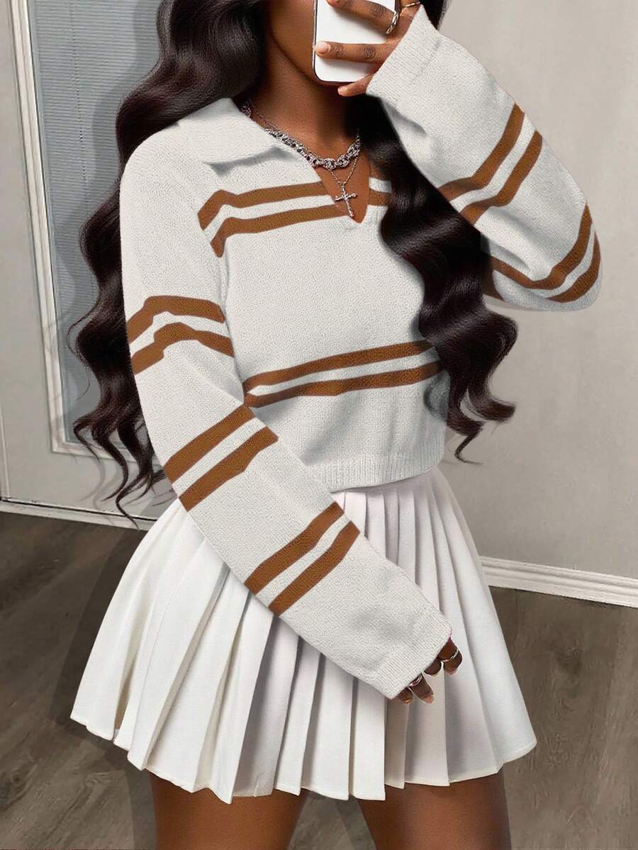 Slaydiva Áo len chui đầu cổ chữ V kẻ sọc thường ngày dành cho nữ, Thu/Đông - Màu be - Xem 1